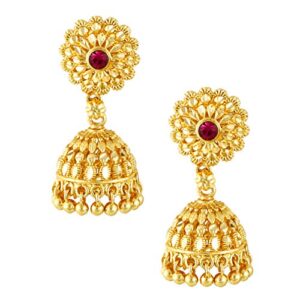 MEENAZ Traditional Temple Jewellery 18k One Gram Gold Ethnic Brass Stylish South Indian Screw Back Studs Round Ruby Jhumkas Set Jhumka Earrings For Women girls Ladies Latest -GOLD JHUMKI-M150